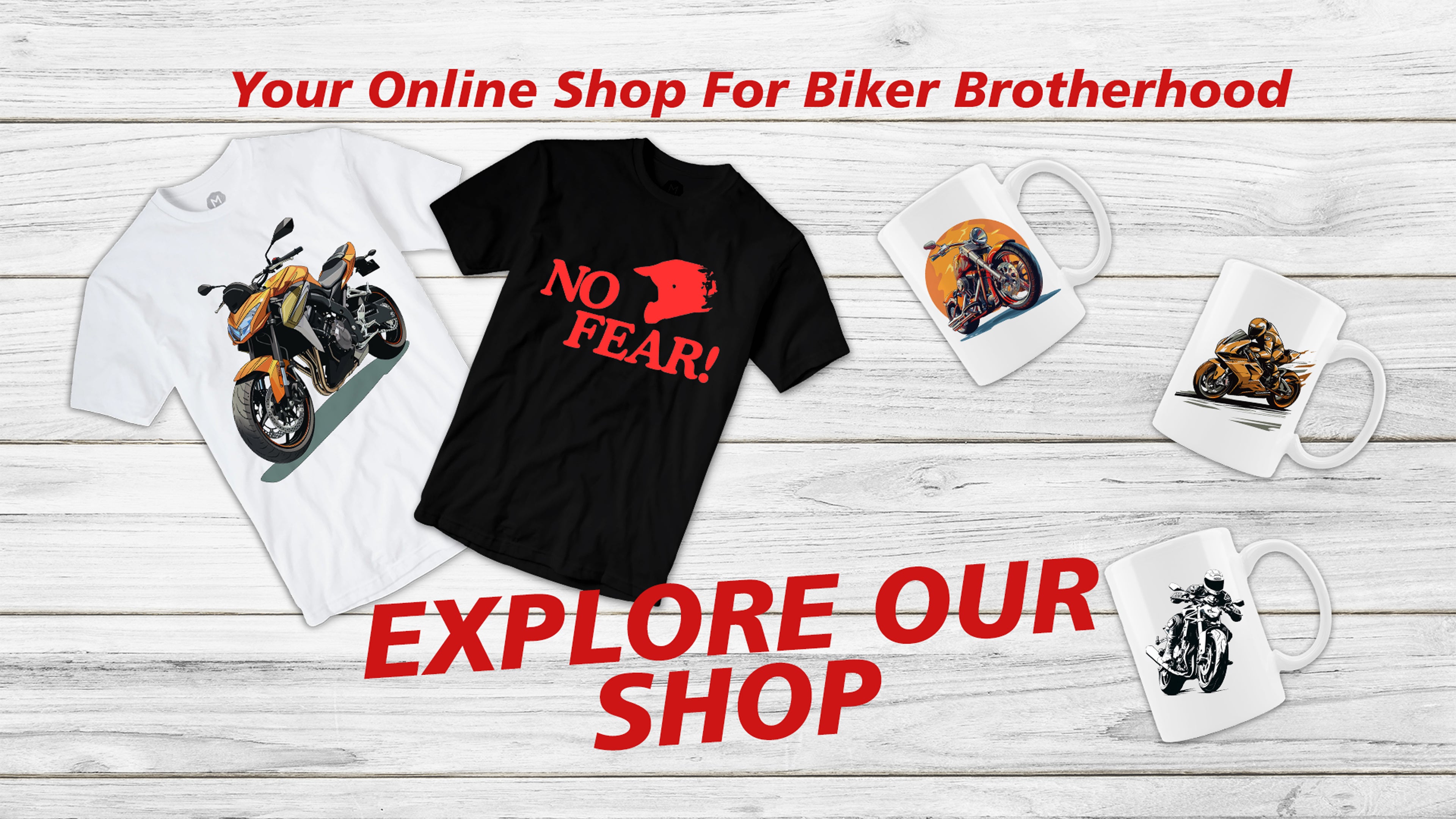 Banner image showcasing a collection of Rider Swag merchandise, including t-shirts, mugs, and accessories with bold motorcycle designs, set against a backdrop of a scenic open road